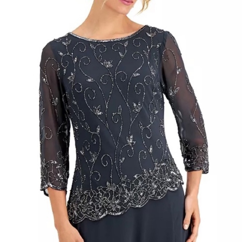 J Kara Illusion 3/4-sleeve Beaded-Overlay Gown in Gunmetal Metallic - Picture 4 of 9